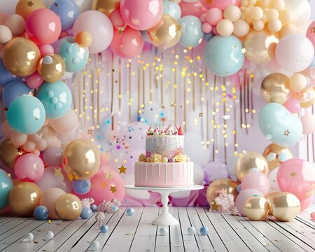 Celestial Delight: Balloons, Stars, and Rainbow Cake Smash Backdrops for Magical Baby Birthday Photography