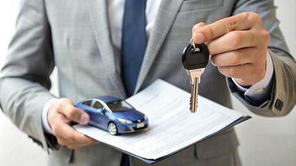 Obraz na płótnie Canvas car rental, keys, man hand, contract on car contract
