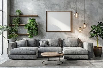 Living room in industrial style with plants, a concrete background wall and modern furniture.
