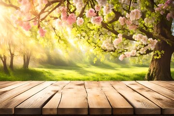 spring background with wooden table and grass