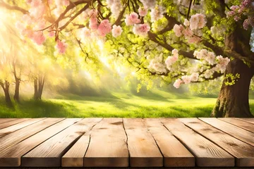 Fotobehang spring background with wooden table and grass © Mishal