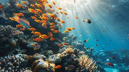Shoal of fish swimming in coral reefs of blue Red Sea.