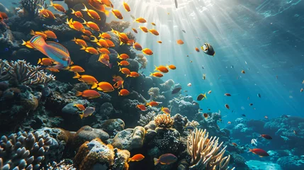 Poster Shoal of fish swimming in coral reefs of blue Red Sea. © UsamaR
