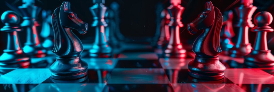 A chessboard with red and blue pieces positioned strategically, symbolizing election strategy.