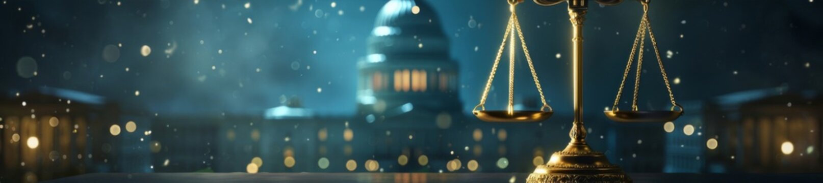 A golden scale balancing a model of the Capitol and a ballot box, symbolizing justice.