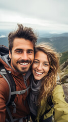Happy Couple Trekking Reaches Mountain Summit, Taking Selfie: Adventure and Joyful Exploration