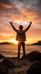 Man with Hands Raised to the Sky, Admiring a Breathtaking Sunset