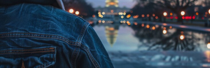 An "I Voted" sticker on a denim jacket, with the Capitol building blurred in the background.