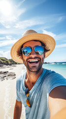 Smiling Handsome Young Man with a Straw Hat Taking a Selfie on a Tropical Beach