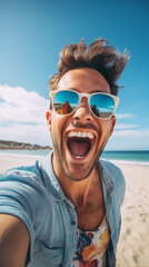 Ecstatic Man Taking Vacation Selfie: Capturing Joyful Holiday Moments