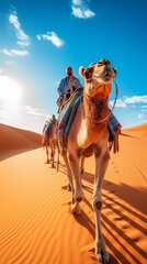 Group of Friends Riding a Camel in a Desert