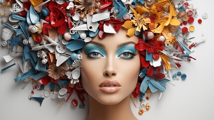 Modern Art: Close-Up of Woman's Face with Fantastical Objects in Hair