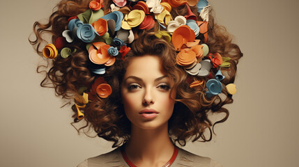 Modern Art: Close-Up of Woman's Face with Fantastical Objects in Hair