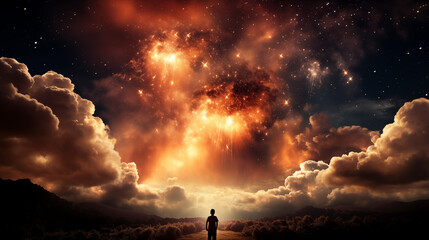 Man Observing Massive Explosion from a Distance