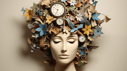 Modern Art: Close-Up of Woman's Face with Fantastical Objects in Hair