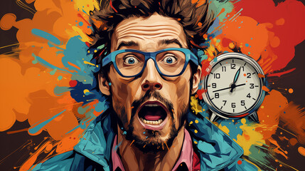 Illustration of a Man with Astonished Face on Paint-Splattered Background