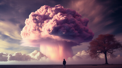 Man Observing Massive Explosion from a Distance