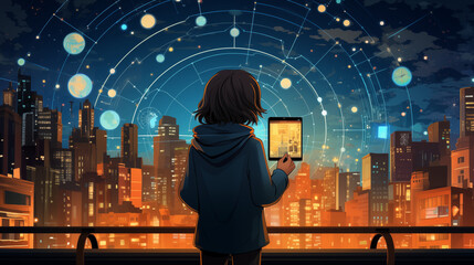 Illustration of Boy Holding Tablet Observing City with Visible Sky Network Interconnection of Technological Devices | Future Technology | Smart City Vision