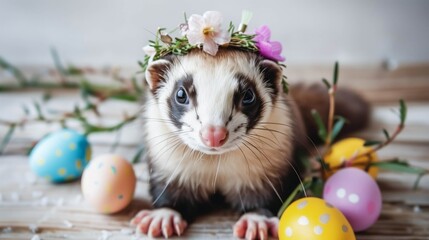 Fototapeta na wymiar Adorable Ferret with Floral Headpiece Among Easter Eggs on Wooden Surface