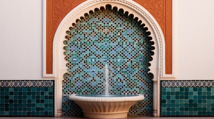 A Moroccan-inspired wall fountain adorned with intricate tilework and arches