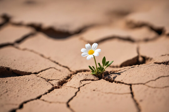 Tiny white flower broke through dry cracked earth