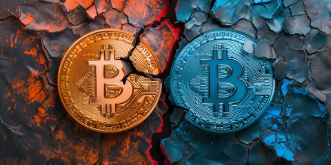 Two Bitcoins resting on a textured background symbolizing hot and cold market conditions
