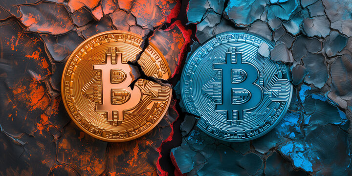 Two Bitcoins resting on a textured background symbolizing hot and cold market conditions