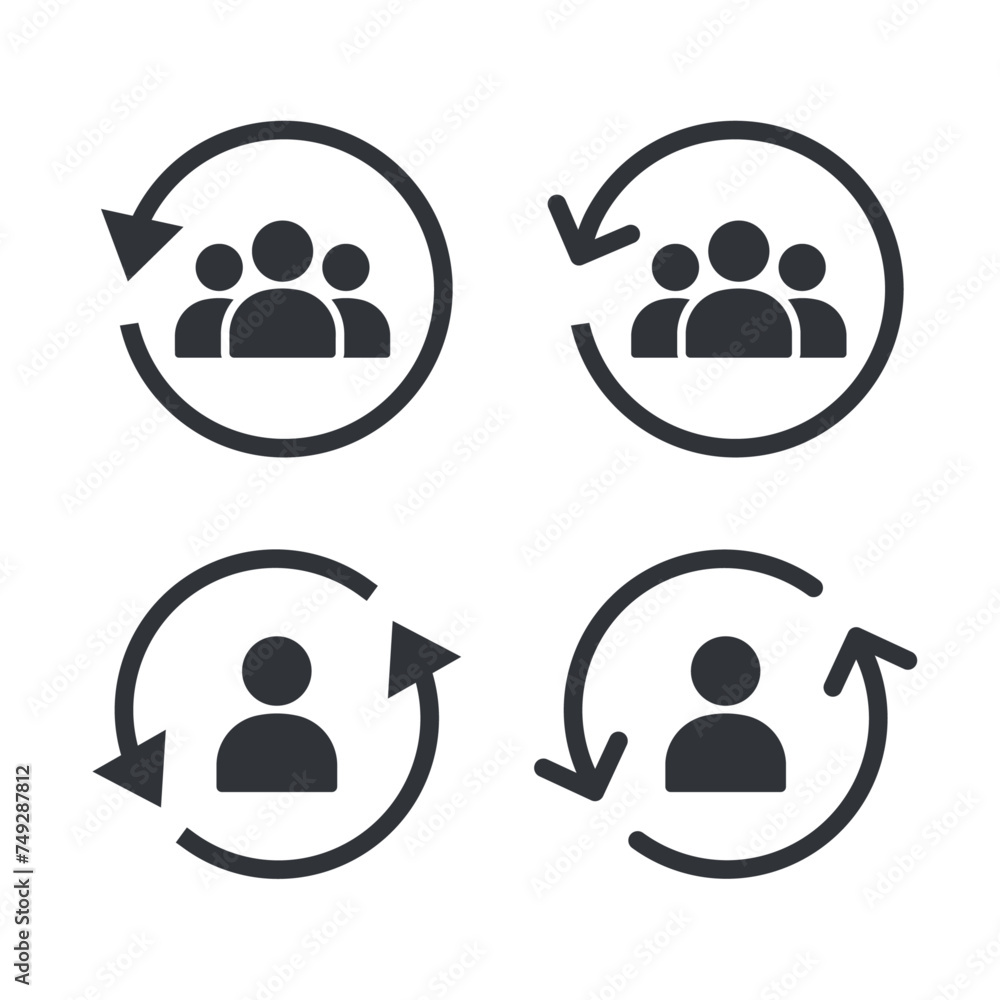 Poster rotating arrow and person icon set. person in circular arrows icon.