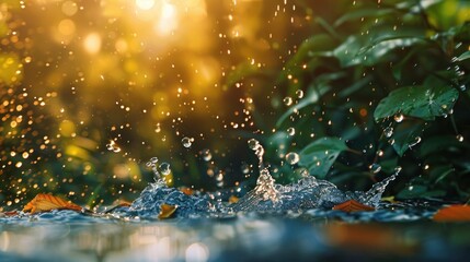 Beautiful spring detailed close up stream of fresh water with young green plants. Horizontal banner, springtime concept. Abstract outdoor wild nature background. AI generative image.
