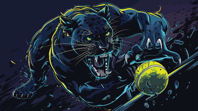 A black panther angry animal sports mascot holding a tennis ball