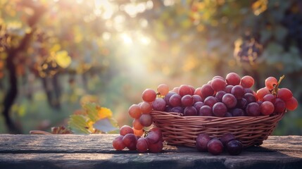 Wicker basket with fresh ripe grapes on wooden table in vineyard.  - obrazy, fototapety, plakaty