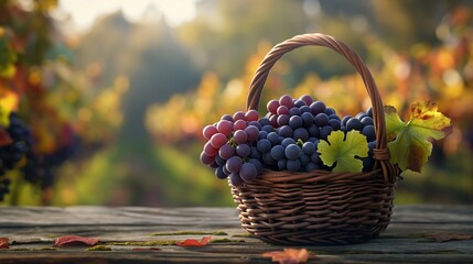 Wicker basket with fresh ripe grapes on wooden table in vineyard. 
