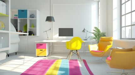 A luxurious modern bright living room, yellow, blue, purple chairs with white walls and bright sunlight shining through the large windows.