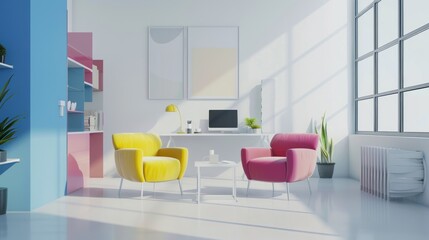 A luxurious modern bright living room, yellow, blue, purple chairs with white walls and bright sunlight shining through the large windows.