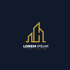 LetterC building, elegant gold building on dark navy background, can be used as a logo.
