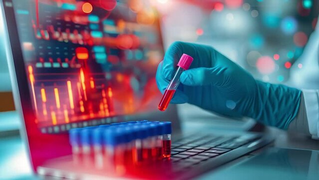 Scientist Analyzing Genetic Data with Blood Sample. A researcher examines a blood sample in a test tube whit genetic sequencing data is displayed screen. 