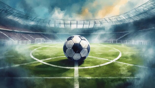 soccer ball in the center of the football field at the stadium - illustration