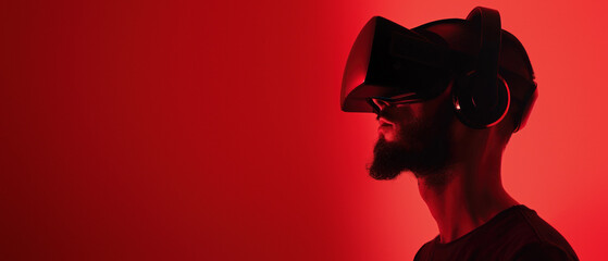 High contrast profile view of a woman with a VR headset against a deep red background