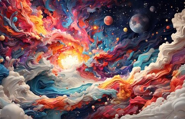 Abstract of space with high quality, vivid colors, seamless patterns, art station, starry night, many colorful and detailed designs combining magic and fantasy, splashes, aesthetic for t-shirt