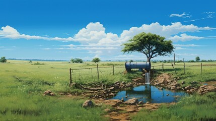 Fototapeta na wymiar A peaceful countryside scene featuring an unobtrusive irrigation tube well against a clear blue sky
