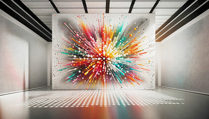 Modern art installation featuring a vibrant explosion of coloured dots radiating from a center...
