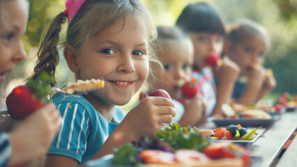 Smiling girl enjoys healthy lunch with friends at a sunlit outdoor table.