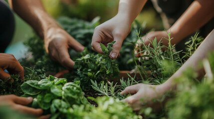 Community Garden Herb Harvest, Multiple hands cultivating a lush herb garden, harvesting fresh greens © Dimitri