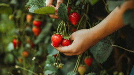 Hand Harvesting Strawberries A hand gently cradles ripe strawberries amidst green leaves in a...