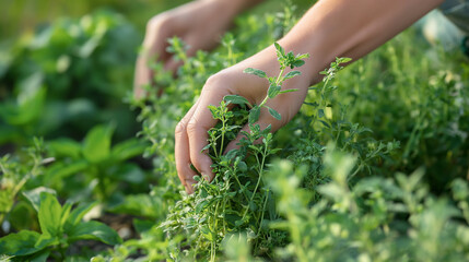 Gentle Hands Picking Fresh Oregano, Close-up of hands carefully harvesting fresh oregano leaves from a lush garden