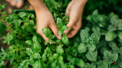 Fresh Basil Harvest in Hands, Hands nurturing and picking fresh basil leaves in a garden