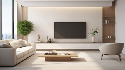 Modern Living Space with Cozy Sofa, Wooden Elements and Potted Plant Adding a Touch of Nature