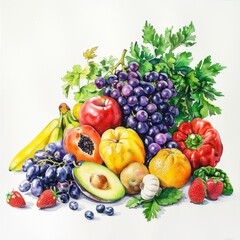 Naklejka na ściany i meble Watercolor painting of fruits and vegetables with a white background
