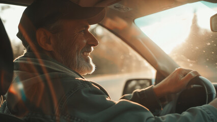 Smiling bearded man enjoys a serene drive, bathed in the warm glow of a sunset.