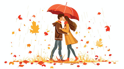 illustration of loving couple kissing under umbrella